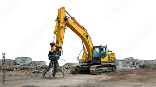 建設現場の黄色いショベルカー｜Yellow excavator on construction site. photo