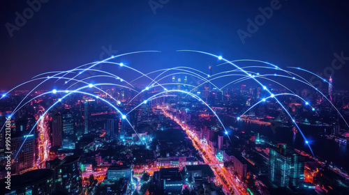 image showcases vibrant cityscape illuminated at night, with dynamic lines representing connectivity and data flow, symbolizing integration of technology in modern urban environments