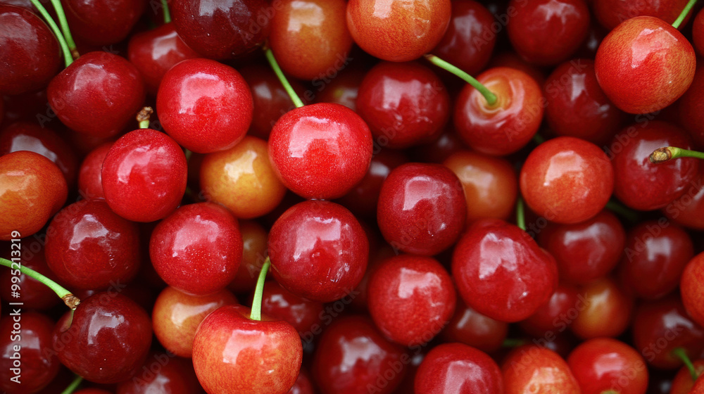 Fresh cherries are displayed in vibrant array, showcasing their rich red hues and glossy surfaces, evoking sense of summer delight and natural sweetness Fresh cherries are displayed in vibrant array, showcasing their rich red hues and glossy surfaces, evoking sense of summer delight and natural sweetness
