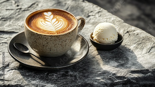 A cup of latte art coffee with a scoop of vanilla ice cream on a gray stone background.