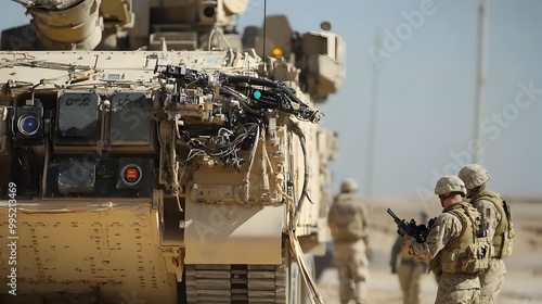 Close up view of a tank s specialized anti drone weaponry being reloaded by soldiers preparing their defense against an anticipated drone attack