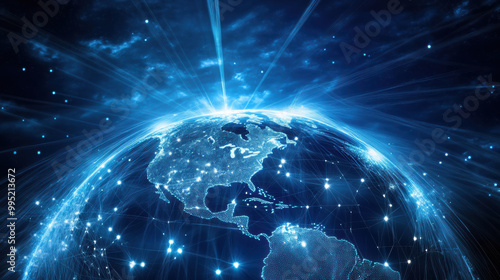 Wallpaper Mural stunning digital representation of Earth showcasing network of connections and data flow, symbolizing global communication and technology. vibrant blue tones and radiant light effects create sense of Torontodigital.ca