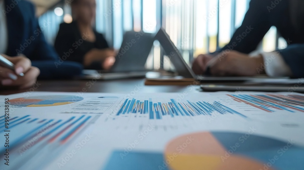 Business Meeting with Charts and Laptops on Table Business Meeting with Charts and Laptops on Table