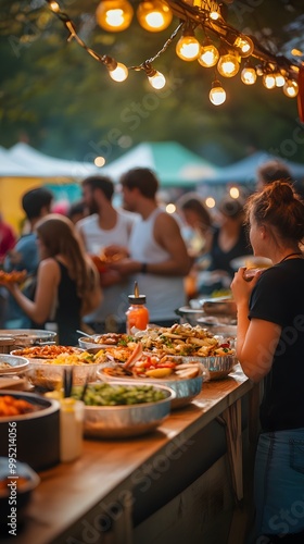 93. A vibrant street food festival with diverse dishes and happy crowds