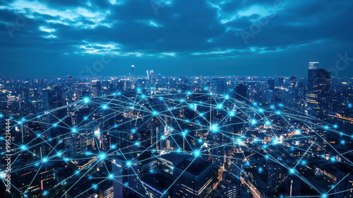 image showcases vibrant city skyline illuminated at night, interconnected by network of glowing lines symbolizing digital communication and connectivity