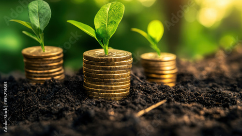 Growing plants emerge from stacks of coins, symbolizing connection between investment and growth. This image captures essence of financial prosperity and sustainability