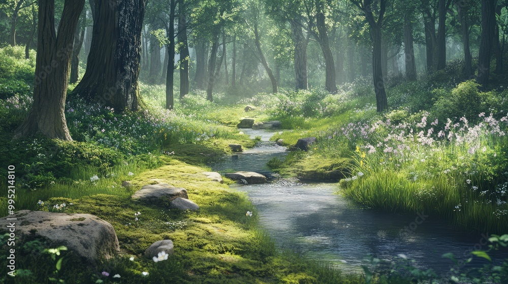 Fototapeta premium A peaceful glade with a gentle stream and soft moss underfoot