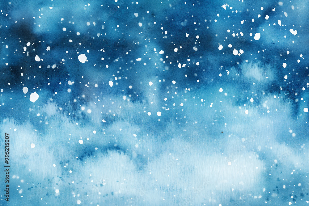 Fototapeta premium Watercolor blurred abstract background. Dark blue background with white splashes. Snowfall, winter. Night sky with stars. Background for a Christmas card. 