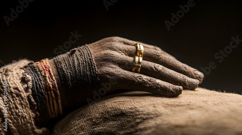 Wallpaper Mural Closeup view of a meticulously preserved mummified hand from ancient Egypt with visible ornate rings and delicately wrapped in layers of linen cloth Torontodigital.ca