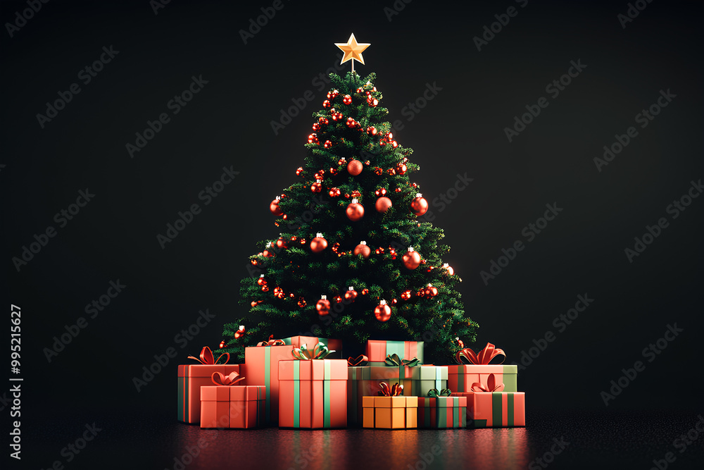 Festive Christmas tree with gifts 3d icon Festive Christmas tree with gifts 3d icon