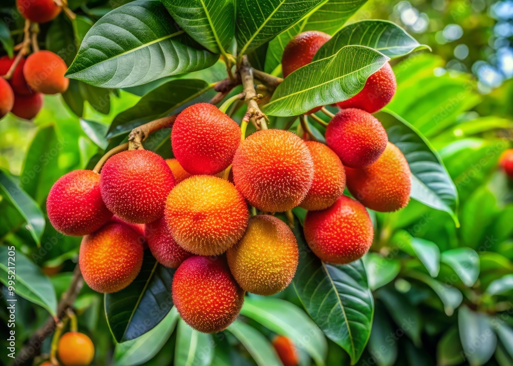 Bright mamonsillo fruits hang from verdant branches, enveloped by rich green foliage amidst a tropical garden, Bright mamonsillo fruits hang from verdant branches, enveloped by rich green foliage amidst a tropical garden,