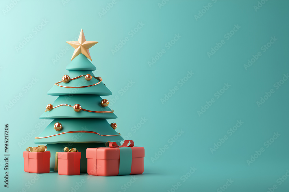 Fototapeta premium Festive Christmas tree with gifts 3d icon