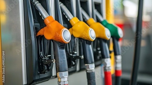 Close-up of Colorful Fuel Pump Nozzles at a Gas Station