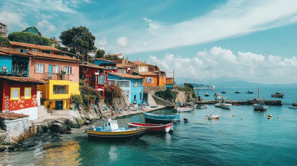 A picturesque coastline dotted with colorful beach houses and boats