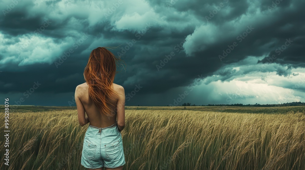 Woman standing in meadow, looking at the horizon and dark dramatic stormy clouds, rear view