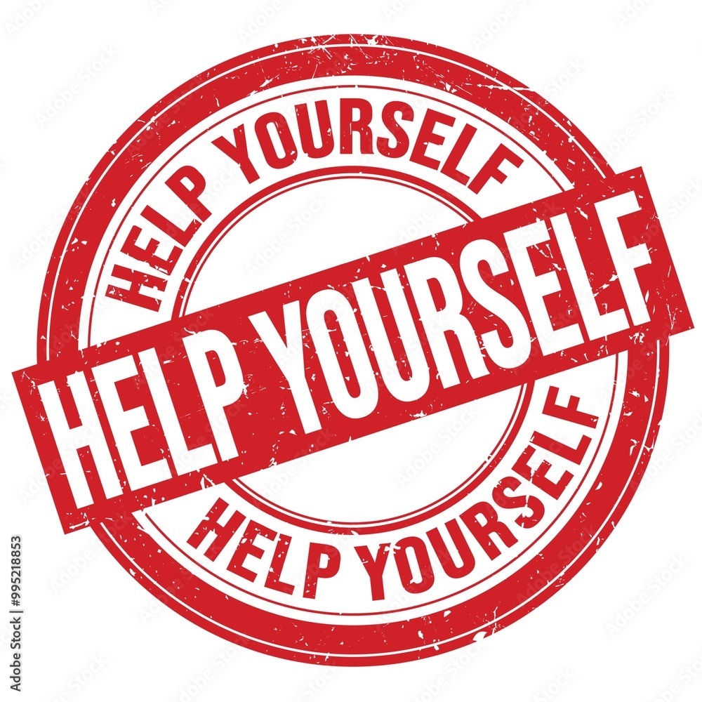 HELP YOURSELF text written on red round stamp sign