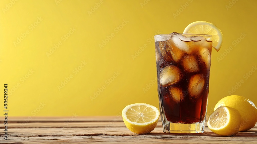 A glass of iced cola with lemon slices on wooden table. A glass of iced cola with lemon slices on wooden table.