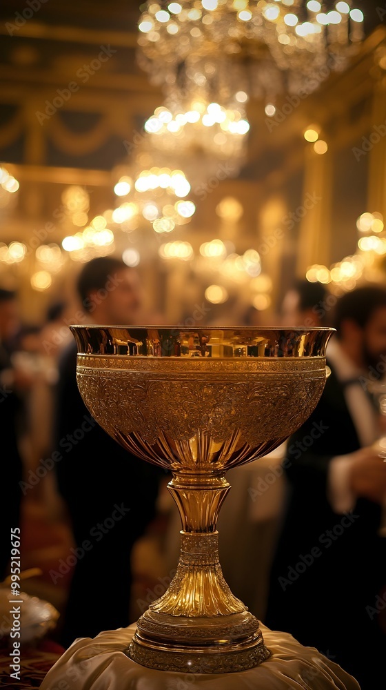 Golden Trophy Cup in Grand Ballroom with Chandelier Lights.