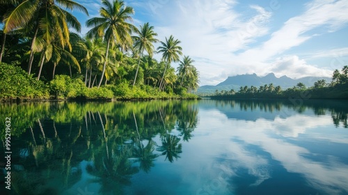 A calm tropical lagoon surrounded by lush palm trees and distant mountains, reflecting in the clear water.