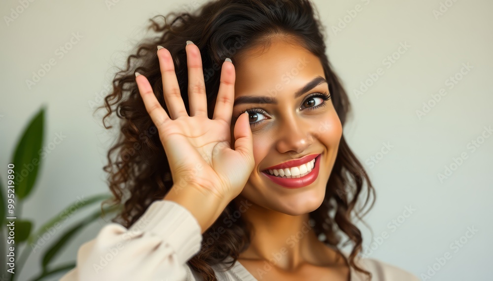 Fototapeta premium A joyful woman waving with a bright smile in a welcoming indoor setting.