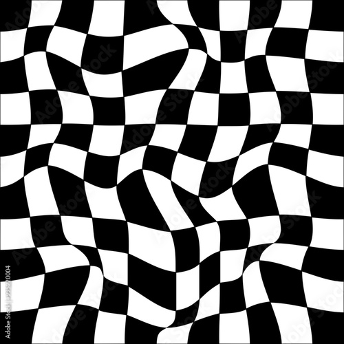 Psychedelic checkerboard seamless pattern. Retro background with black and white chessboard texture. Trendy 60s 70s aesthetic. Vector illustration.

