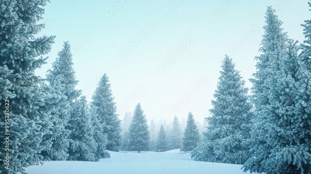 Naklejka premium Serene Snowy Landscape with Evergreen Trees