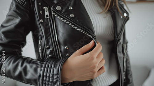 Close-up of a woman wearing a stylish black leather jacket.