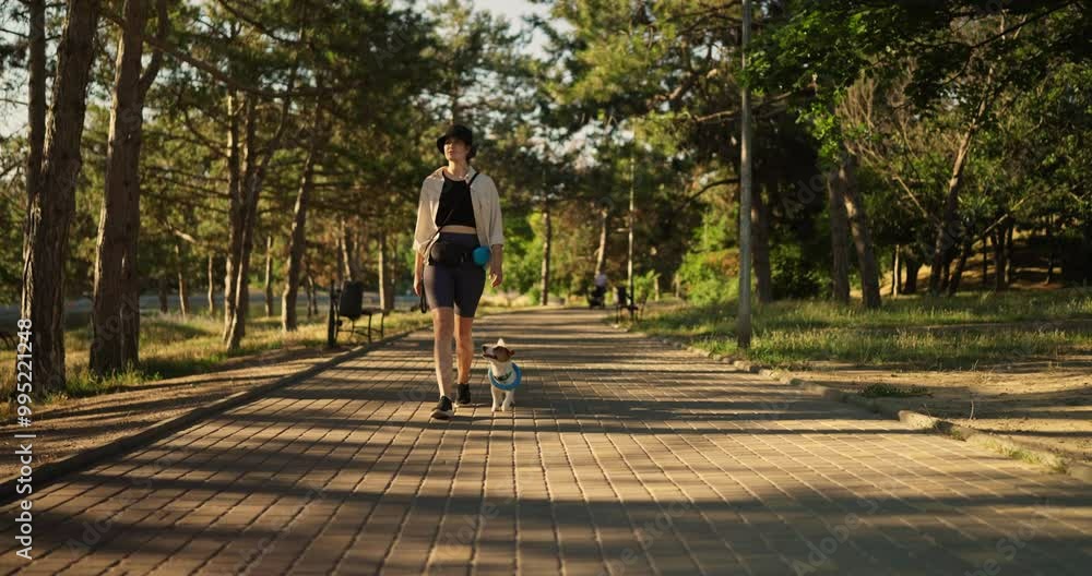 Happy white dog runs next to its owner and looks at her during walk along alley in sunny park Happy white dog runs next to its owner and looks at her during walk along alley in sunny park