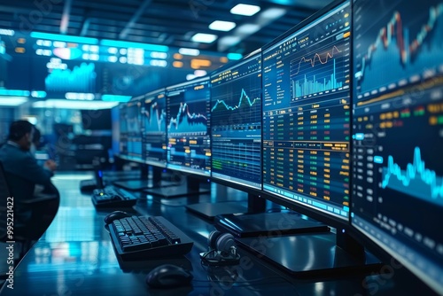 High-tech trading room with multiple screens displaying financial data.