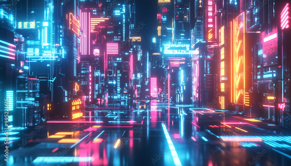 Obraz premium Bright, glowing neon signs in various shapes and colors, with a futuristic, cyberpunk-style backdrop