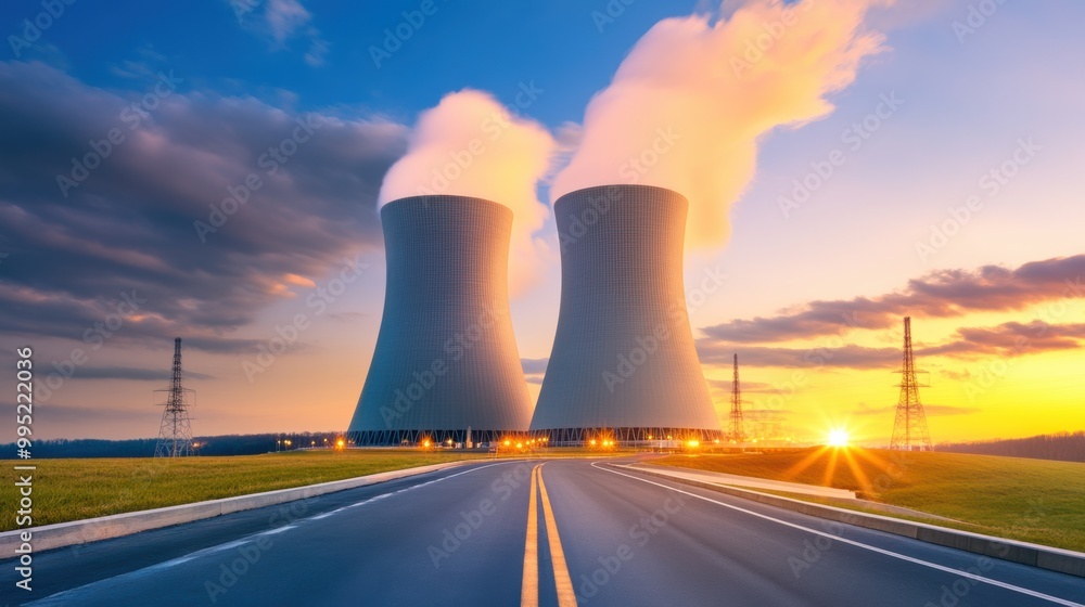 Scenic View of Cooling Towers at Sunset Near Road Scenic View of Cooling Towers at Sunset Near Road