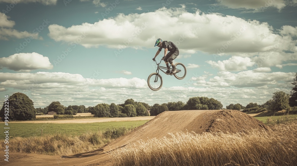 Thrilling BMX Rider Flipping Over Dirt Ramp in Rural British Countryside - Extreme Sports Adventure Thrilling BMX Rider Flipping Over Dirt Ramp in Rural British Countryside - Extreme Sports Adventure
