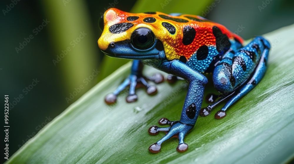 Obraz premium A close-up of a brightly colored poison dart frog sitting on a green leaf in the rainforest.