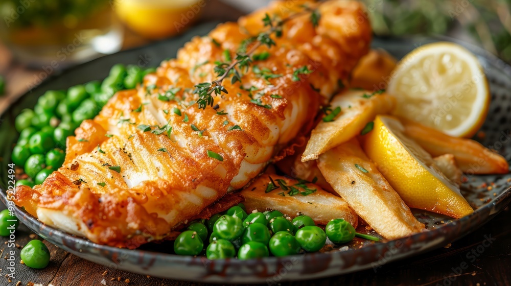 A plate of fried fish, peas, chips, lemon, and lime, a classic English dish. A plate of fried fish, peas, chips, lemon, and lime, a classic English dish.