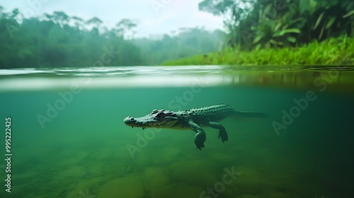 Crocodile Lurking Partially Submerged in a Tropical River With Lush Jungle Visible Above the Water s Surface photo