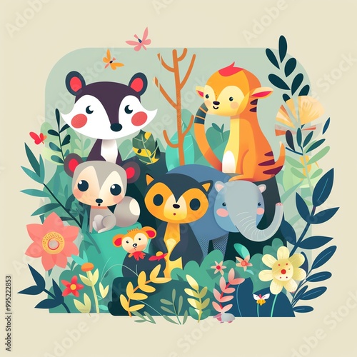Baby animals, exploring nature, flat design illustration