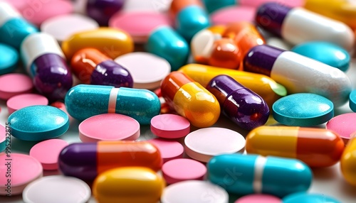 vibrant scatter of colorful pills and capsules on a reflective surface