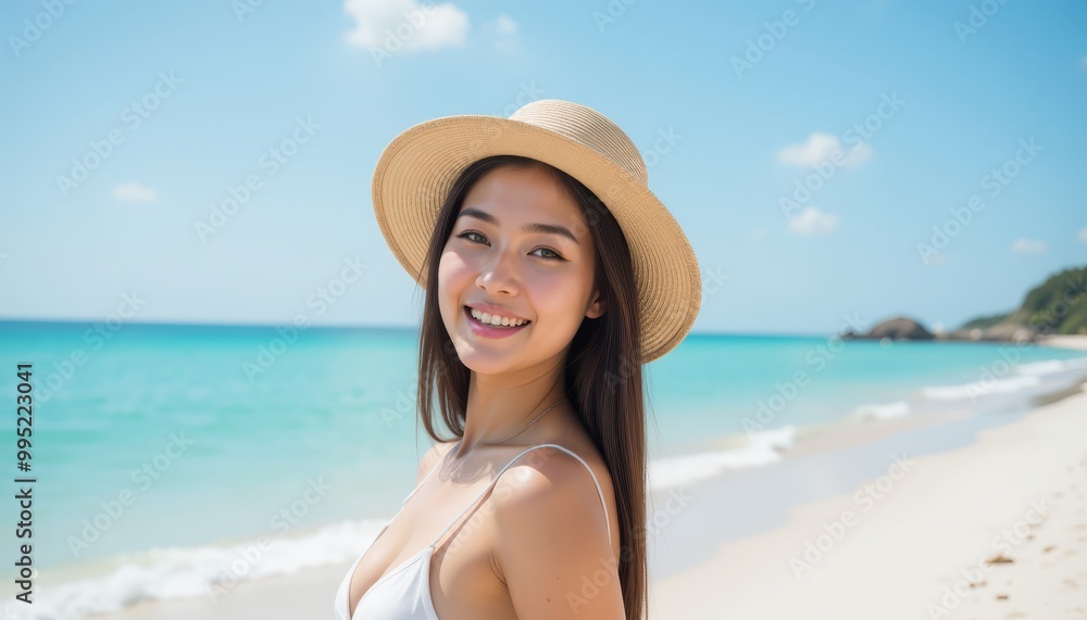 Smiling woman wearing hat by the beach, sunny day, clear water background. Smiling woman wearing hat by the beach, sunny day, clear water background.