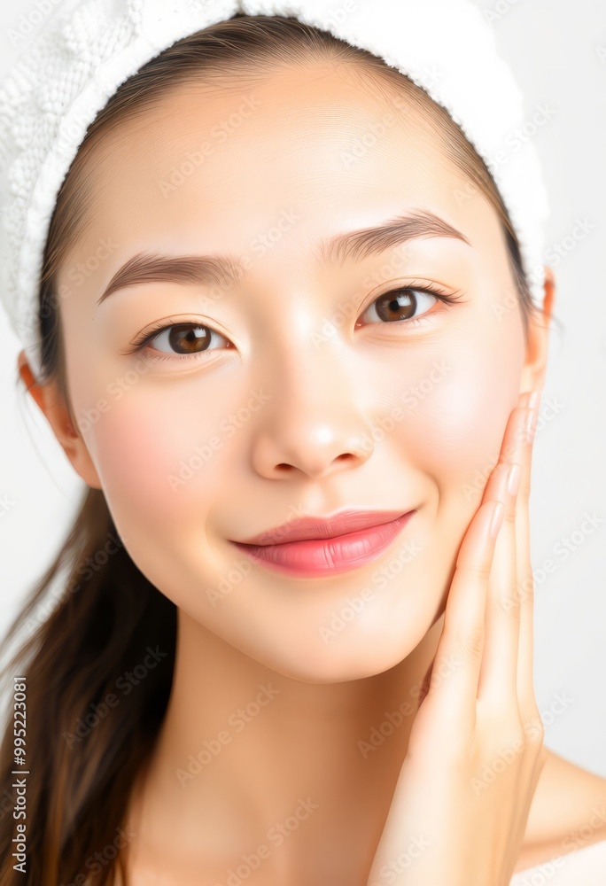 Smiling woman with clean skin, towel on head, natural beauty, white background. Smiling woman with clean skin, towel on head, natural beauty, white background.