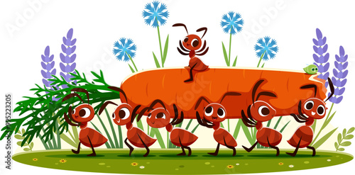 Cartoon ant characters carry a long carrot. Vector summertime scene with happy ant insects working together surrounded by a vibrant nature setting with blooming wild flowers, green grass and plants