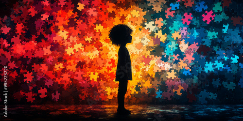 Silhouette of a child against a vibrant puzzle background, symbolizing the complexities of child psychology and development photo