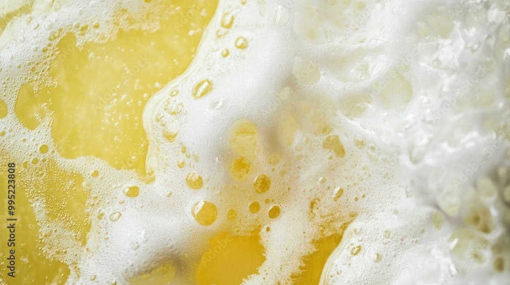 A close-up of a cold yellow beer with a thick layer of white foam, showcasing the refreshing, bubbly texture A close-up of a cold yellow beer with a thick layer of white foam, showcasing the refreshing, bubbly texture