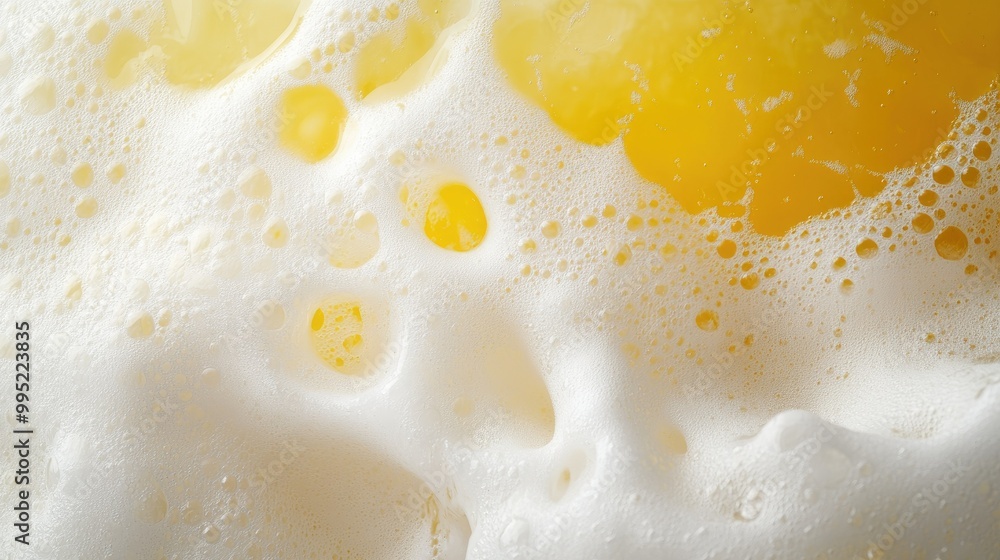 A close-up of a cold yellow beer with a thick layer of white foam, showcasing the refreshing, bubbly texture A close-up of a cold yellow beer with a thick layer of white foam, showcasing the refreshing, bubbly texture