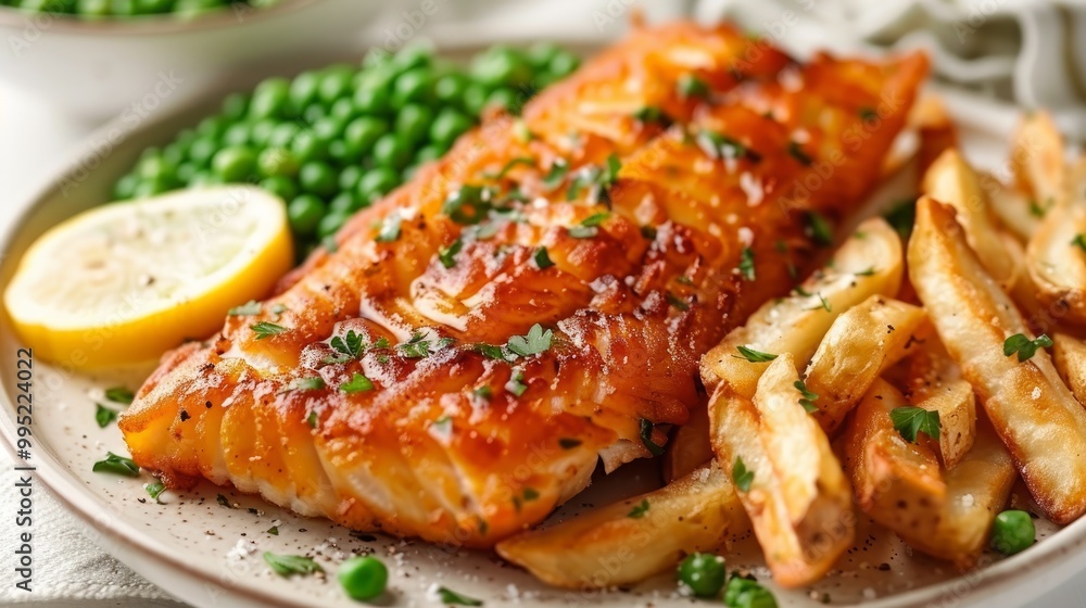 A plate of fried fish with french fries, peas, lemon, and parsley on a white background. A plate of fried fish with french fries, peas, lemon, and parsley on a white background.