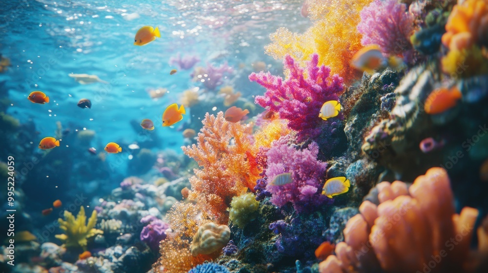 Fototapeta premium A close-up of a colorful coral reef, teeming with small fish and marine life in clear ocean water.