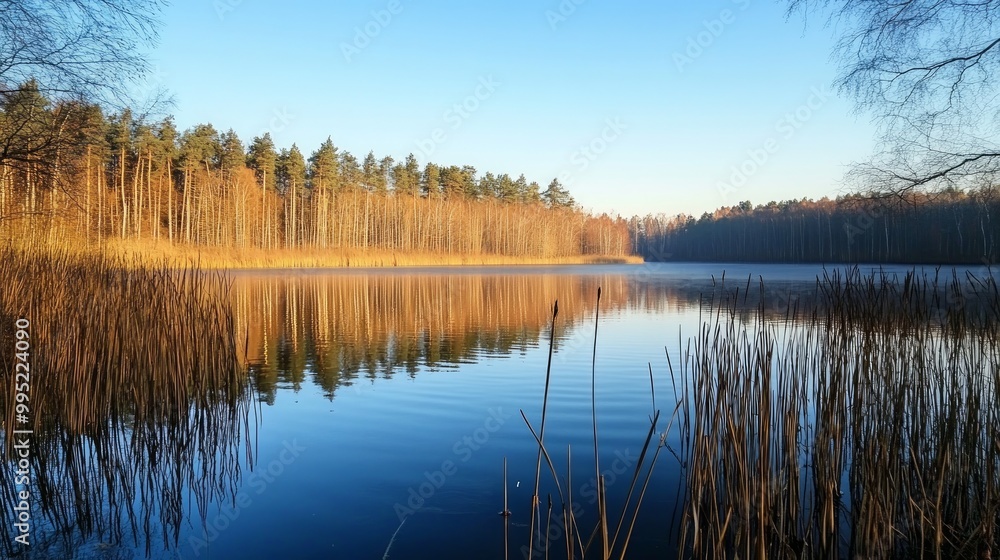 A serene lake surrounded by tall reeds, reflecting the clear blue sky at sunrise. A serene lake surrounded by tall reeds, reflecting the clear blue sky at sunrise.