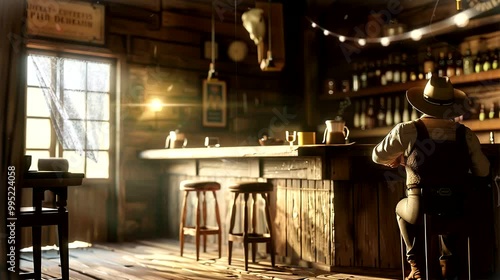 A cowboy at a bar inside a rustic saloon with warm, atmospheric lighting. Seamless loop video animation background