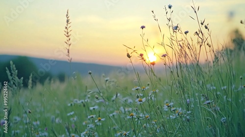Fototapeta Naklejka Na Ścianę i Meble -  A field of wildflowers with a sun setting in the background.