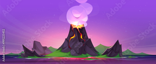 Sunset or sunrise landscape with volcano erupt on island in sea or ocean. Cartoon vector Jurassic period landscape with volcanic rock mountain eruption, orange magma and smoke cloud exploding.