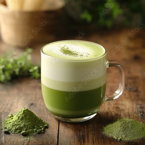 A close-up of a fresh matcha latte in a glass cup with layers of green tea and milk, placed on a wooden table with matcha powder nearby